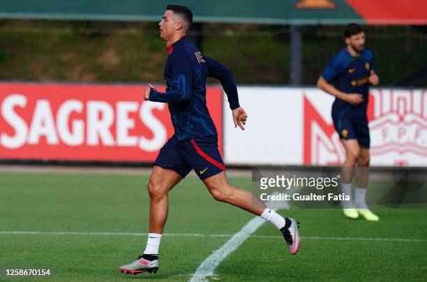 Cristiano Ronaldo of Portugal in action during the Portugal Training Session at Cidade do Futebol FPF on June 13, 2023 in Oeiras, Portugal.