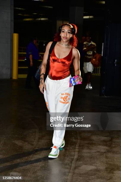 Arella Guirantes of the Seattle Storm arrives at the arena before the game against the Phoenix Mercury on June 13, 2023 at Footprint Center in...