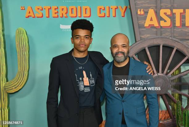 Elijah Wright and his father US actor Jeffrey Wright arrive for the New York premiere of "Asteroid City" at Alice Tully Hall at Lincoln Center in New...
