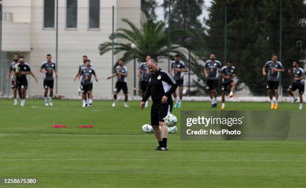 The national football coach, Djamel Belmadi, during the training session, in Algiers, Algeria on June 13 in anticipation of the two matches against...