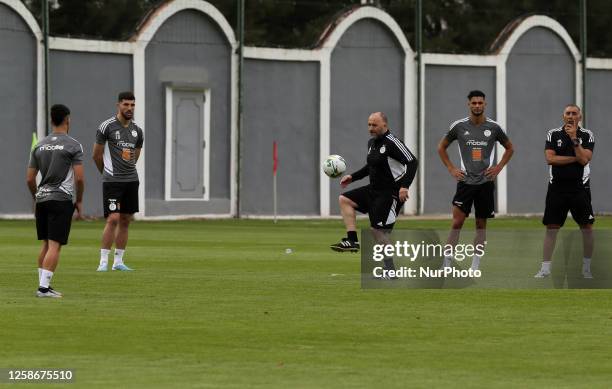 The national football coach, Djamel Belmadi , during the training session, in Algiers, Algeria on June 13 in anticipation of the two matches against...