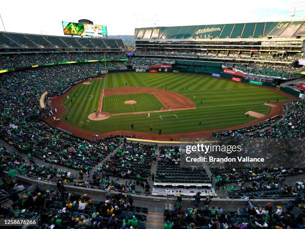 Oakland Athletics fans fill RingCentral Coliseum during a reverse boycott game against the Tampa Bay Rays on June 13, 2023 in Oakland, California.