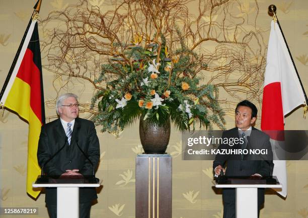 Visiting German Foreign Minister Frank-Walter Steinmeier and his Japanese counterpart Taro Aso hold a joint press conference after their talks at the...