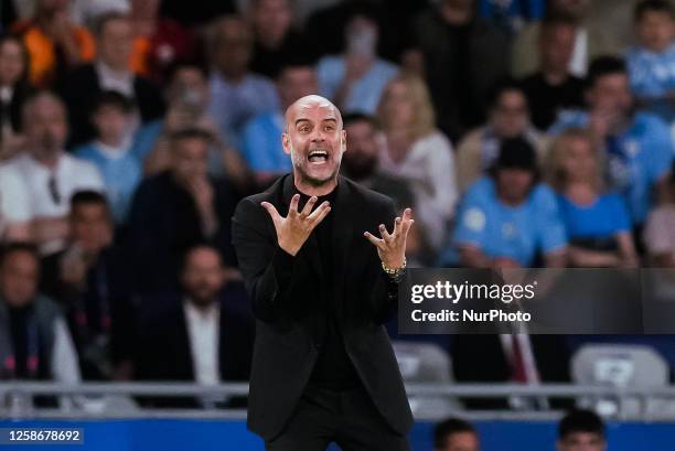 Pep Guardiola manager of Manchester City yells during the UEFA Champions League final match between Manchester City FC and FC Internazionale at...