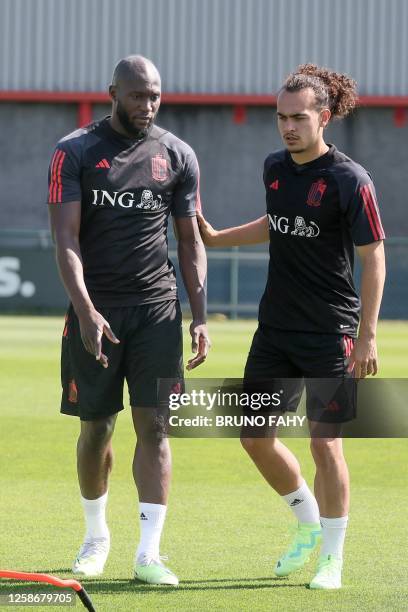 Belgium's Romelu Lukaku and Belgium's Arthur Theate pictured during a training session of Belgian national soccer team Red Devils, Wednesday 14 June...