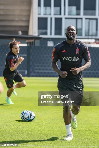 Belgium's Romelu Lukaku takes part in a training session of the Belgian national football team Red Devils, at the Royal Belgian Football Association...