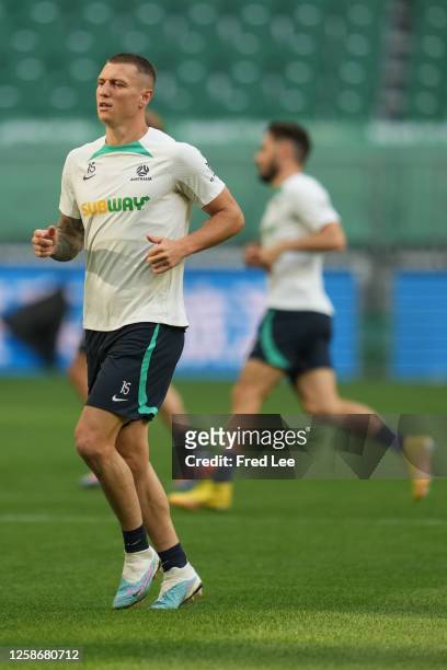 Duke Mitchell of Australia during a training session of 2023 International Football Invitation match between Argentina and Australia at Workers...