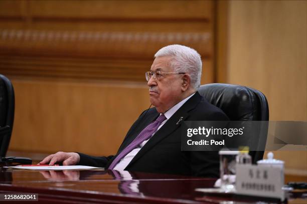 Palestinian President Mahmud Abbas attends a meeting with China's President Xi Jinping at the Great Hall of the People in Beijing on June 14, 2023 in...