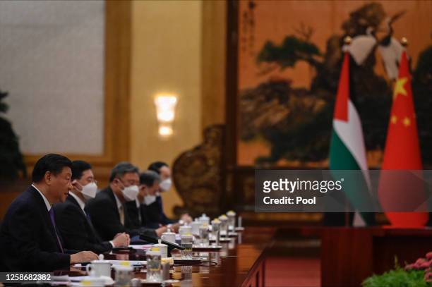 China's President Xi Jinping attends a meeting with Palestinian President Mahmud Abbas at the Great Hall of the People in Beijing on June 14, 2023 in...