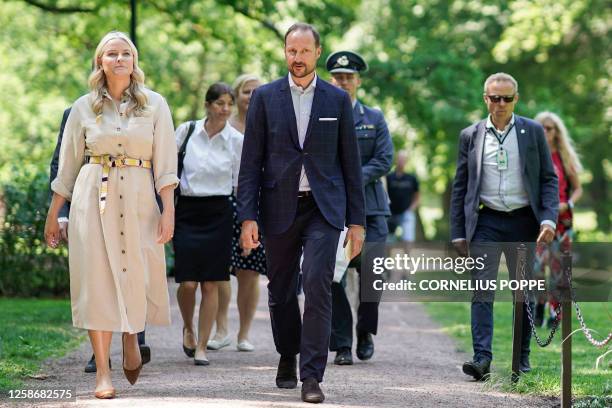 Crown Prince Haakon of Norway and Crown Princess Mette-Marit of Norway arrive for an event at Litteraturhuset literature house in Oslo, Norway, where...