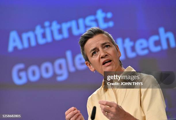 European Commission vice-president in charge Europe fit for the digital Margrethe Vestager gives a press conference on the launch of antitrust probe...