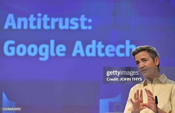 European Commission vice-president in charge Europe fit for the digital Margrethe Vestager gives a press conference on the launch of antitrust probe...