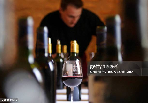 Des bouteilles de vins de Bordeaux classées "crus bourgeois" sont alignées sur une table, le 05 mars 2004 dans un château du Bordelais à Ludon-Médoc,...