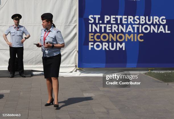 Russian Police officers seen during SPIEF' 2023, the St.Petersburg International Economic Forum, on June 14 in Saint Petersburg, Russia. The annual...