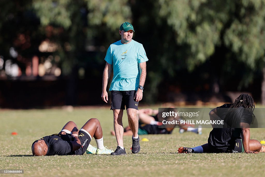 Springbok Coaches South Africa's Springboks head coach Jacques Nienaber looks on during ...