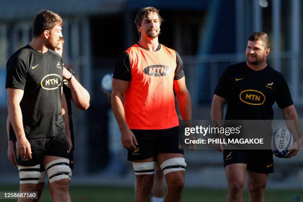 South Africa's Springboks lock Eben Etzebeth walks with teammates during their team's training session at Loftus Versfeld Stadium in Pretoria on June...