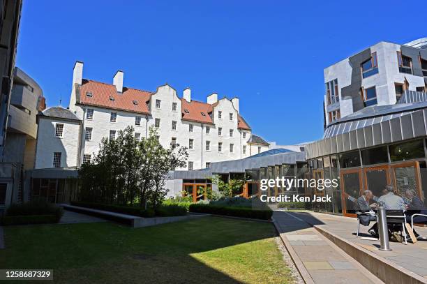 General view of the Scottish Parliament building from the garden area, with the 17th century Queensberry House, which forms part of the Parliament,...