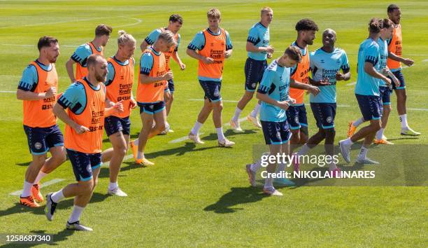 Denmark's players attend a training session in Helsingoer, Denmark, on June 14, 2023 ahead of the UEFA Euro 2024 qualifiers. Denmark will play...