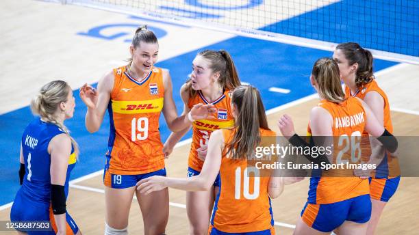 Players of Netherlands celebrate after the play during to the FIVB Volleyball Women's Nations League match Netherlands and Turkey at Hong Kong...