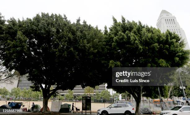 Los Angeles, CA - Tents that provide shelter for homeless people line First Street near Los Angeles City Hall. L.A. Mayor Karen Bass held a media...