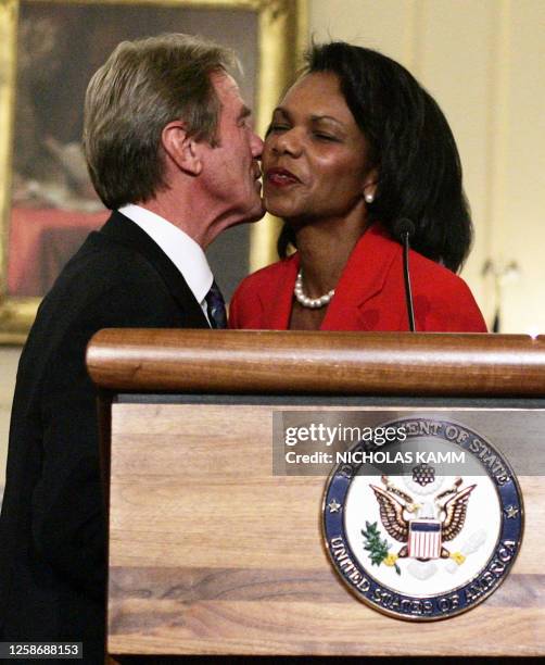 Secretary of State Condoleezza Rice greets French Foreign Minister Bernard Kouchner during a press conference 21 September 2007 at the US State...