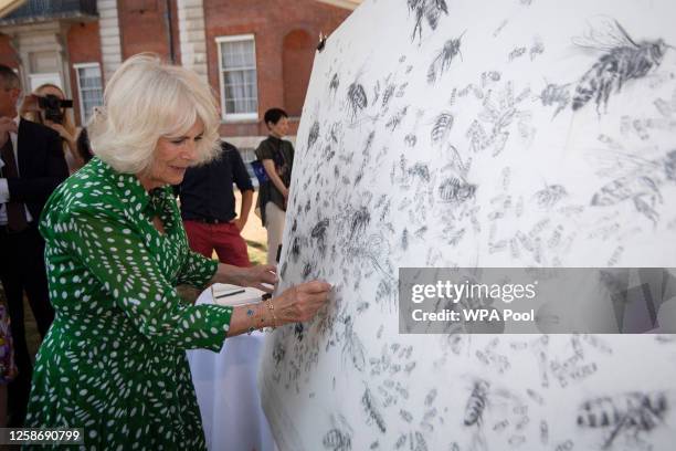 Queen Camilla erases a Bee from 'Public Erasure-Bees' by artist Frances Gynn as she attends the the Bees for Development Bee Garden Party during the...