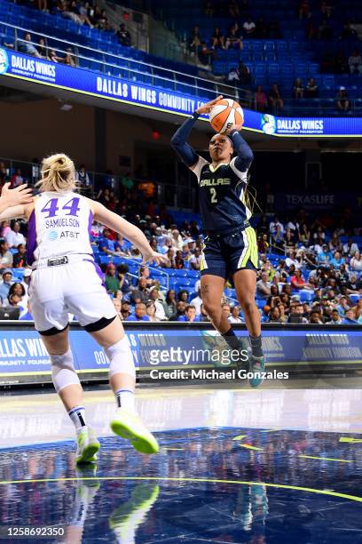 Odyssey Sims of the Dallas Wings shoots the ball during the game against the Los Angeles Sparks on June 14, 2023 at the College Park Center in...