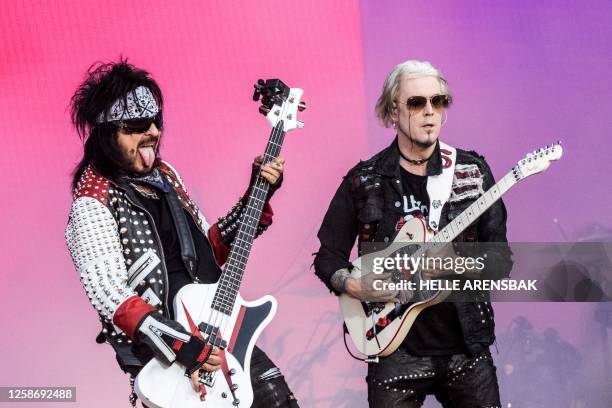 Guitarists Nikki Sixx and John 5 of US band Mötley Crüe performs during the rock and metal festival Copenhell on Refshaleoeen in Copenhagen on June...