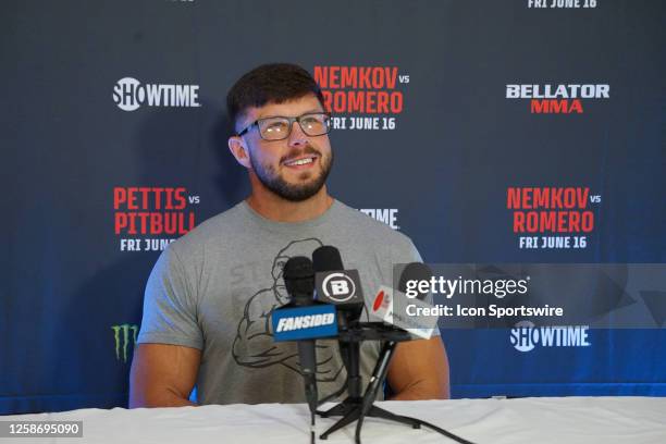 Karl Moore speaks to the media ahead of their Bellator 297 bout on June 13 at the Palmer House Hotel in Chicago, IL.