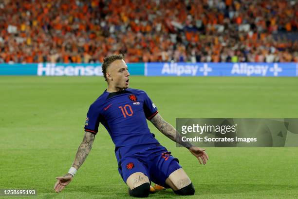 Noa Lang of Holland celebrates 2-2 during the UEFA Nations league match between Holland v Croatia at the Stadium Feijenoord on June 14, 2023 in...