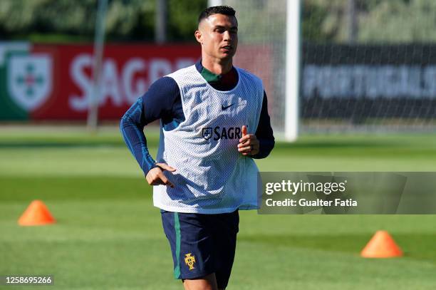 Cristiano Ronaldo of Portugal in action during the Portugal Training Session at Cidade do Futebol FPF on June 14, 2023 in Oeiras, Portugal.