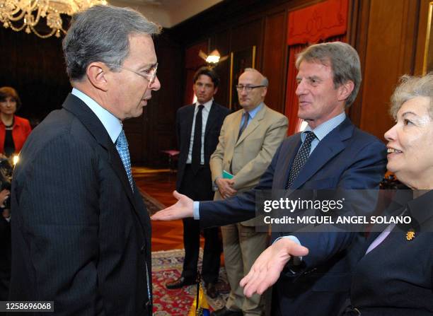 Colombian President Alvaro Uribe and French Foreign Minister Bernard Kouchner meet at the Casa de Narino in Bogota on July 3, 2008. Kouchner flight...