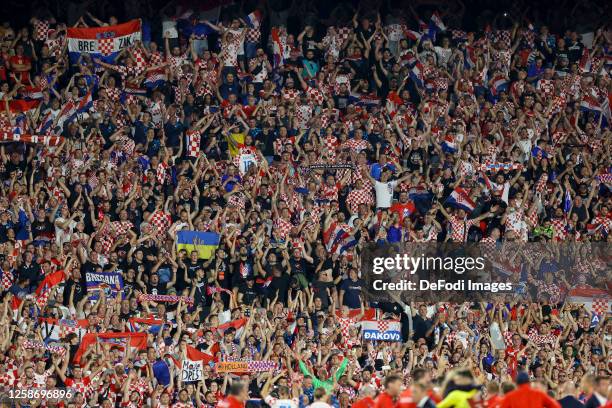 The fans of Croatia celebrate after winning the UEFA Nations League 2022/23 semifinal match between Netherlands and Croatia at De Kuip on June 14,...