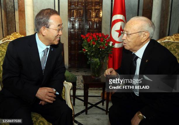 Tunisian Foreign Affairs minister Mouldi Kefi meets with UN Secretary-General Ban Ki-moon on March 22, 2011 in Tunis . About 100 Tunisian Islamist...