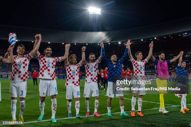 Captain Luka Modric and rest of the Croatia players celebrate victory during the UEFA Nations League 2022/23 semifinal match between Netherlands and...