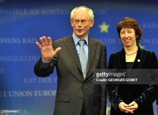 Belgian Prime Minsiter Herman Van Rompuy and EU Commissioner for trade British Catherine Ashton attend a presser at an European Union summit at the...