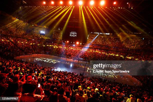 General view of fans in the arena during the pre-game show prior to Game Five of the NHL Stanley Cup Final between the Florida Panthers and the Vegas...