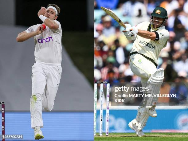 This combination of file pictures created on June 14, 2023 shows England's Stuart Broad bowling during day three of the first cricket Test match...