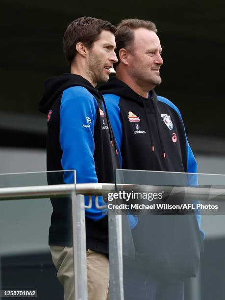 Sam Power and Chris Grant are seen during the Western Bulldogs training session at Whitten Oval on June 15, 2023 in Melbourne, Australia.