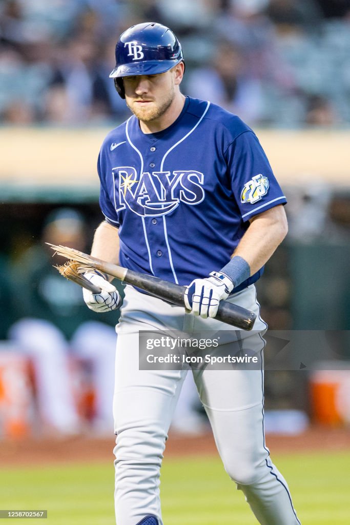 Tampa Bay Rays Outfield Luke Raley breaks his bat in frustration ...