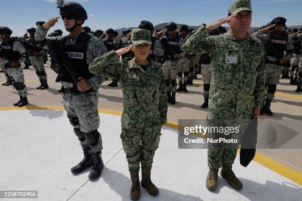 Members of the Mexican army through the Ministry of National Defence, during honours to the flag prior to a foreign invasion drill at the National...