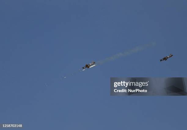 View of F5 aircraft detonating weapons at the National Training Centre of the Ministry of National Defence in Santa Gertrudis, Chihuahua, during a...