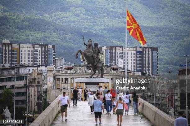 View of the Fatih Sultan Mehmet Bridge over the Vardar River, which has connected the two sides of the city for centuries, in Skopje, North Macedonia...