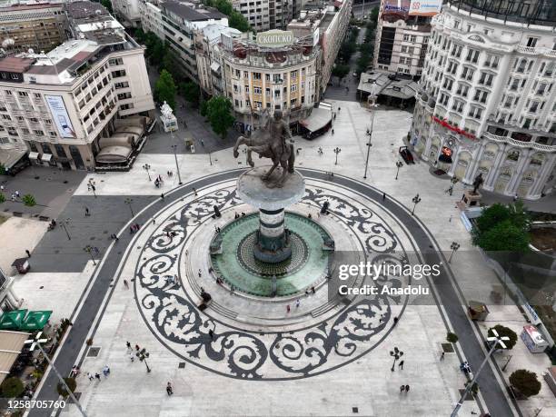 View of a square near the Vardar River, which has connected the two sides of the city for centuries, in Skopje, North Macedonia on June 15, 2023. The...