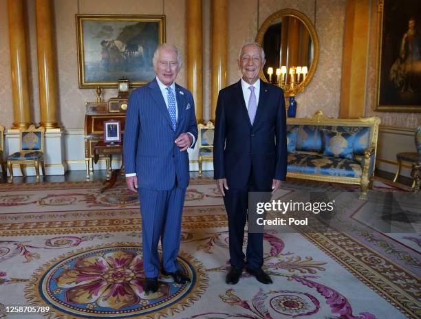 King Charles III receives the President of Portugal, Marcelo Rebelo de Sousa, during an audience to mark the 650th anniversary of the...