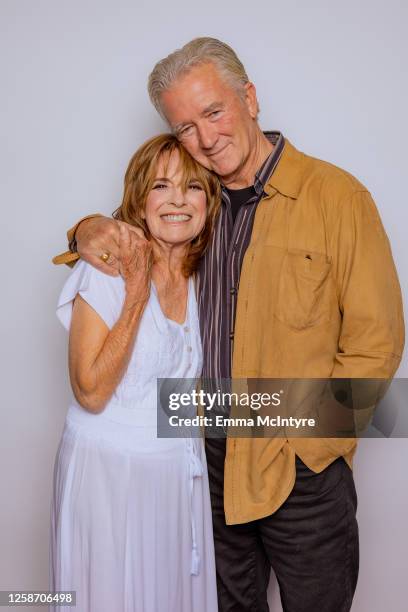Linda Gray and Patrick Duffy of "DALLAS" pose for a portrait at Oscar's on June 13, 2023 in Palm Springs, California.