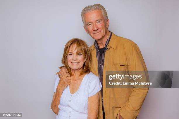 Linda Gray and Patrick Duffy of "DALLAS" pose for a portrait at Oscar's on June 13, 2023 in Palm Springs, California.