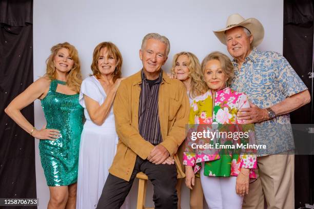 Audrey Landers, Linda Gray, Patrick Duffy, Joan Van Ark, Charlene Hilton and Steve Kanaly of "DALLAS" poses for a portrait at Oscar's on June 13,...