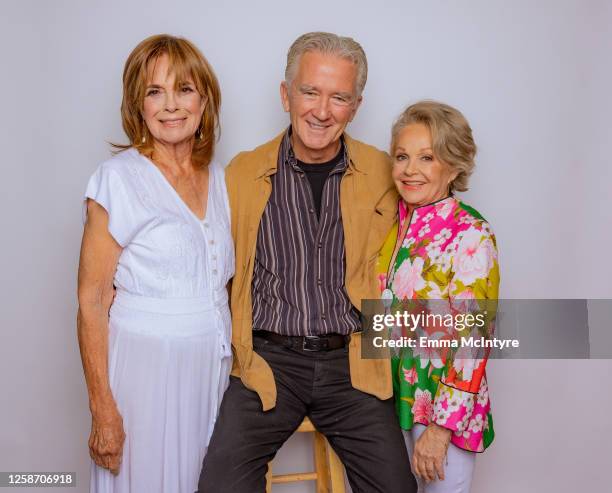 Linda Gray, Patrick Duffy and Charlene Tilton of "DALLAS" pose for a portrait at Oscar's on June 13, 2023 in Palm Springs, California.