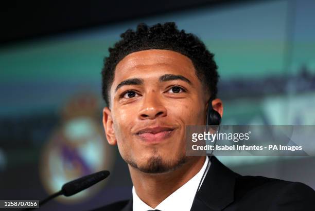 Real Madrid new signing Jude Bellingham during a press conference at Ciudad Real Madrid, Valdebebas, Madrid. Jude Bellingham has joined a select...